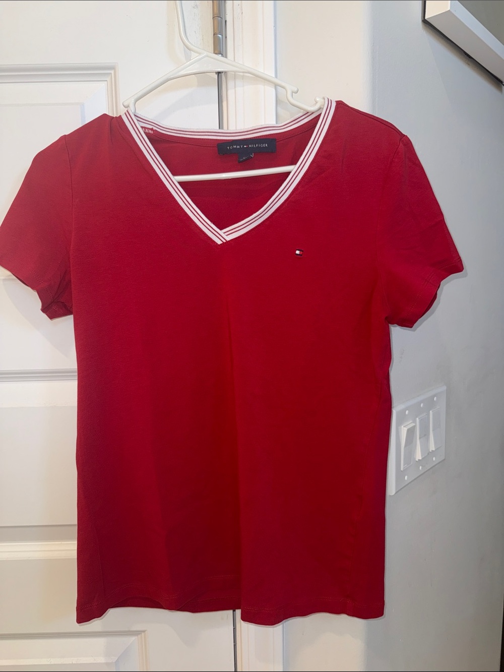 Tommy Hilfiger Red V-Neck Short Sleeve Tee with White Trim